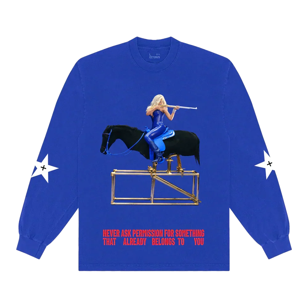 Beyoncé American Requiem long sleeve front in royal blue featuring horseback graphic artwork and bold Cowboy Carter western aesthetic