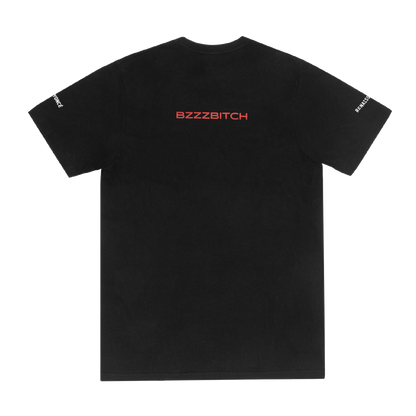 Beyoncé BZZZBITCH short sleeve tee back in black featuring red BZZZBITCH text graphic and minimalist tour merch aesthetic