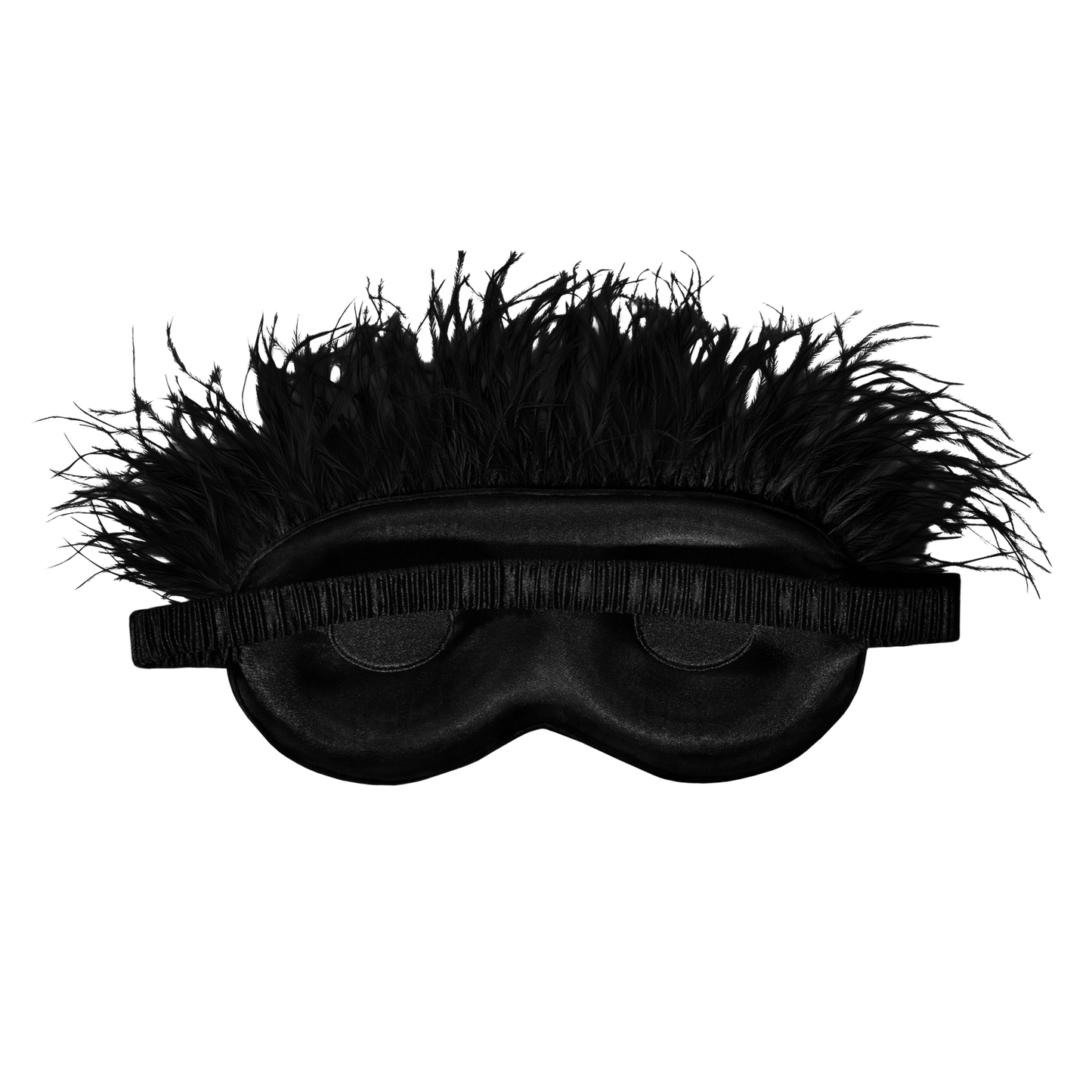 Beyoncé Cater 2 U black feather sleep mask back view featuring luxurious satin finish with dramatic black feather trim and adjustable strap