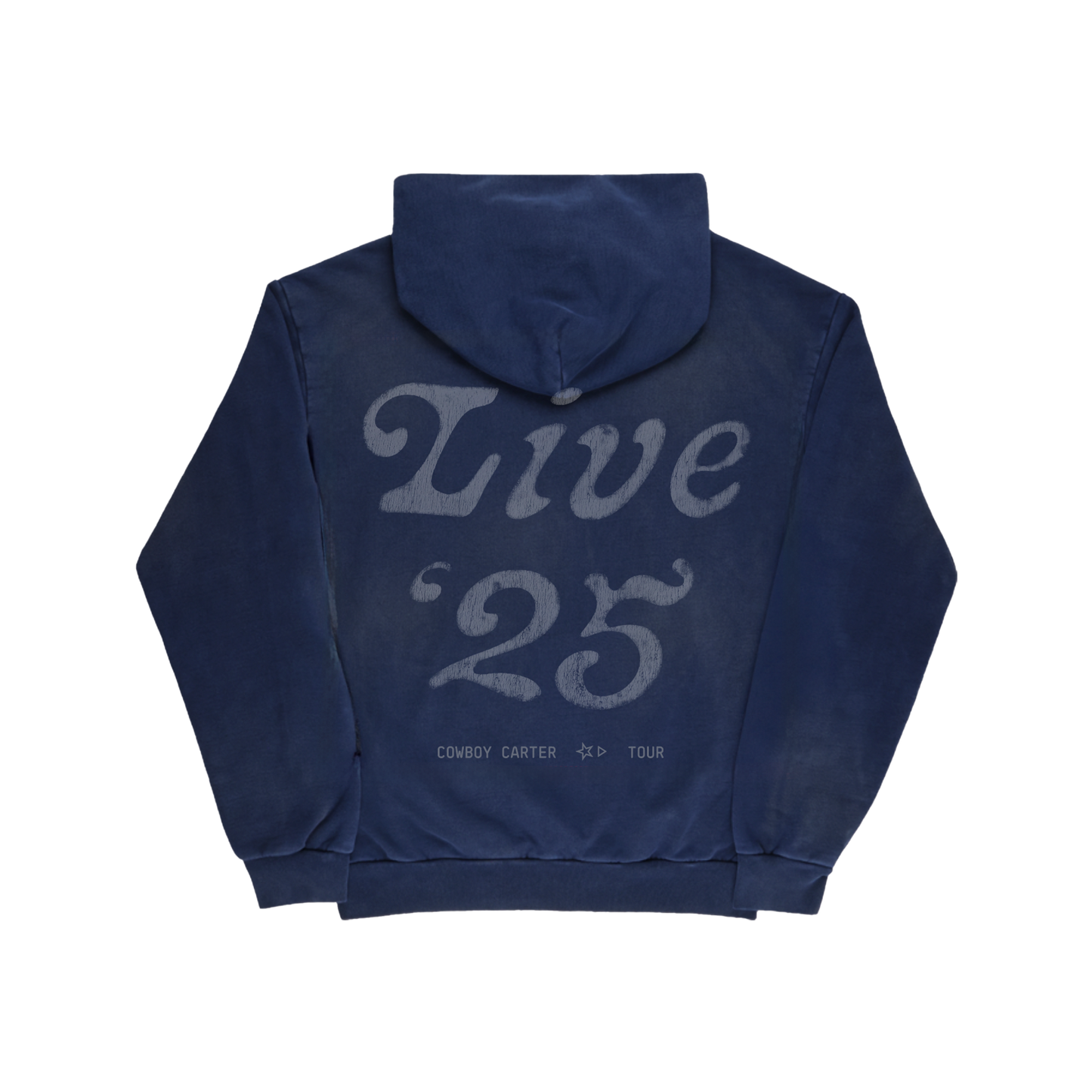 Beyoncé 16 Carriages navy pullover hoodie back with Live 25 Cowboy Carter tour print