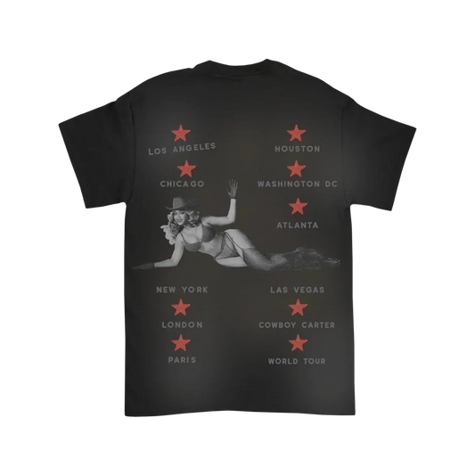 Beyoncé Amen Tour black tee back with city list, red stars, and Cowboy Carter tour graphic