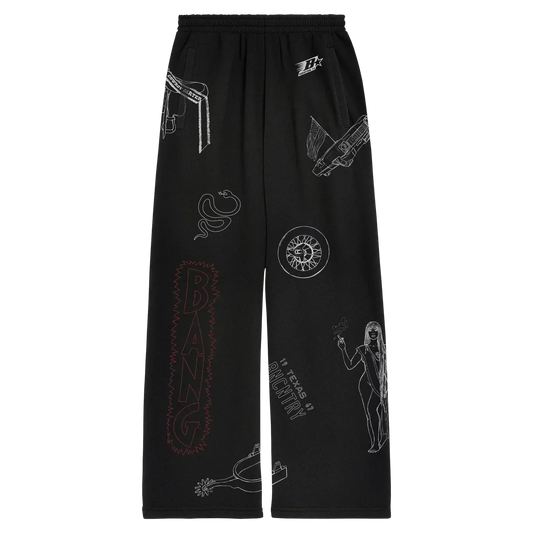 Been Country black sweats with mixed rodeo graphics, Beyoncé merch front view