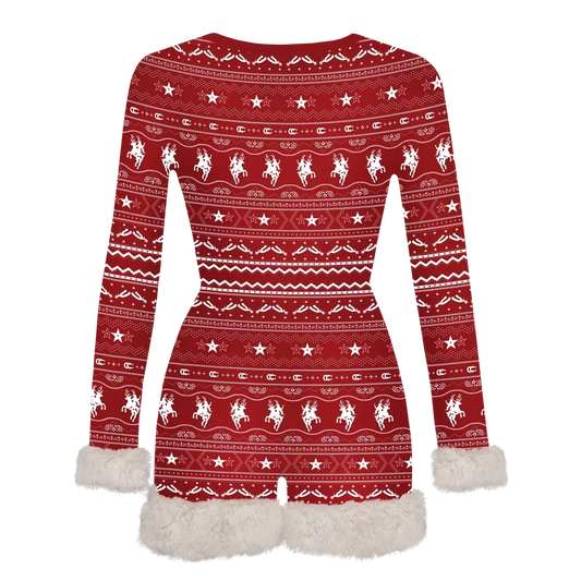 Been Country red fur romper PJ with white faux fur trim, Beyoncé merch front view