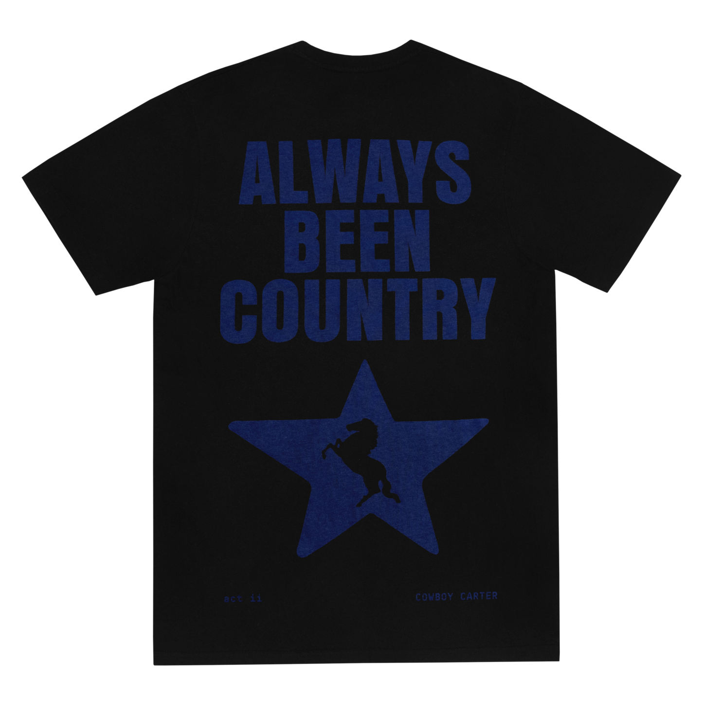 Beyoncé Been Country black short sleeve tee back with blue star graphic and western text