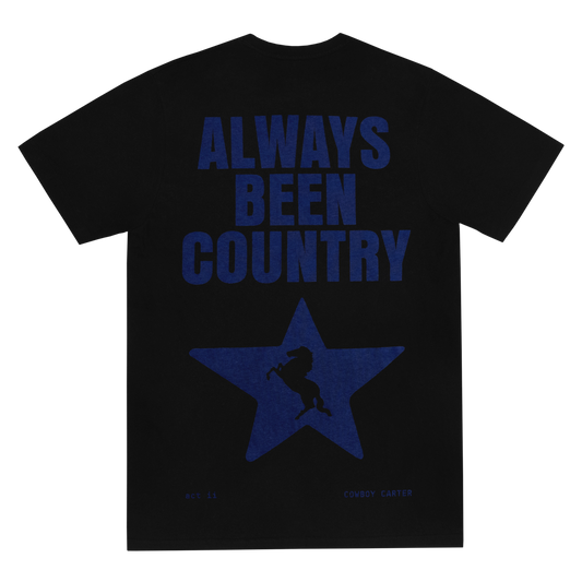 Beyoncé Been Country black short sleeve tee back with blue star graphic and western text