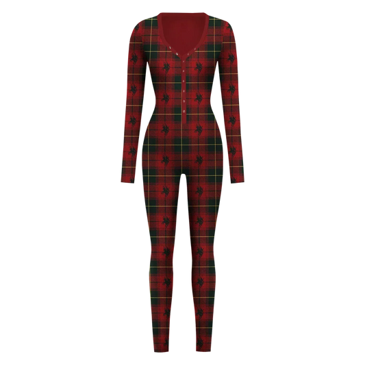 Been Cozy red and green plaid onesie with western print, Beyoncé merch front view