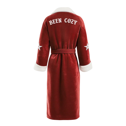 Been Cozy red robe with white back logo and white trim, Beyoncé merch back view