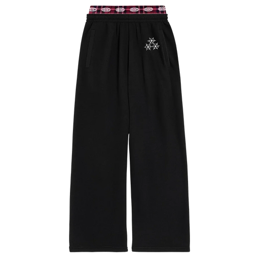 BIC black wide leg sweats with white emblem detail and plaid waistband, Beyoncé merch front view