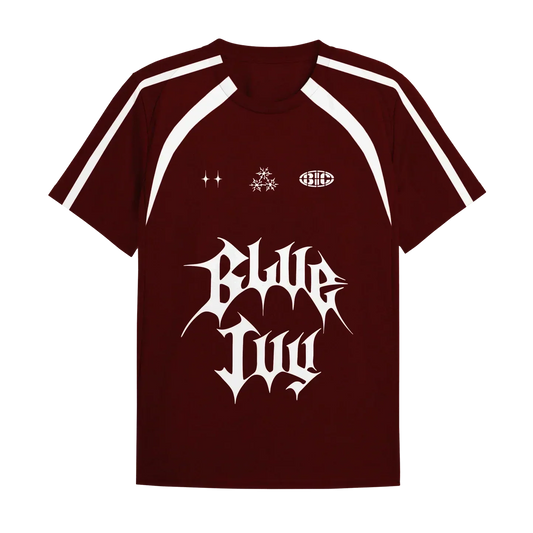 Beyoncé BIC red jersey back with white logo graphics and athletic stripe design
