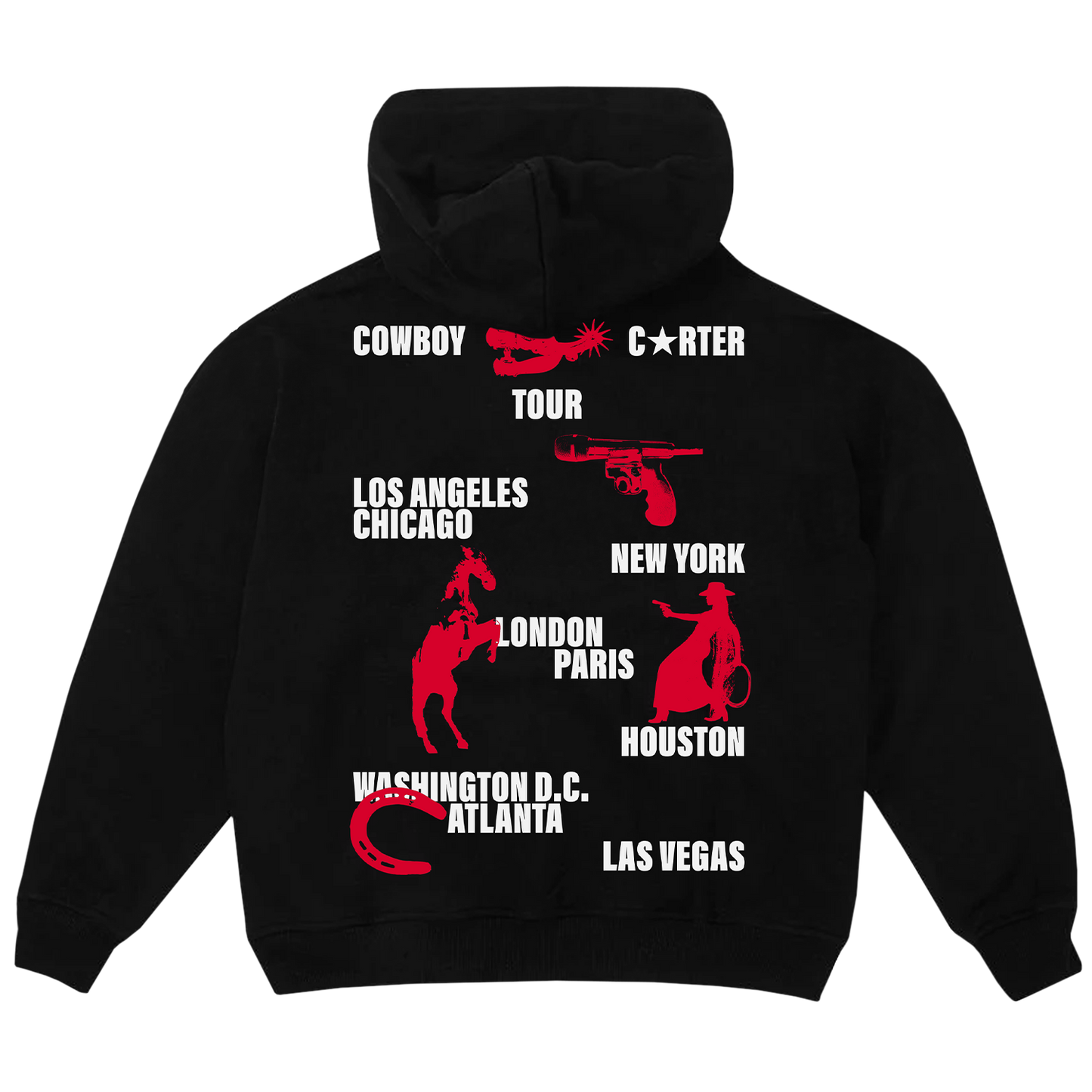 Beyoncé Bodyguard black zip hoodie back with Cowboy Carter Tour graphics and city list