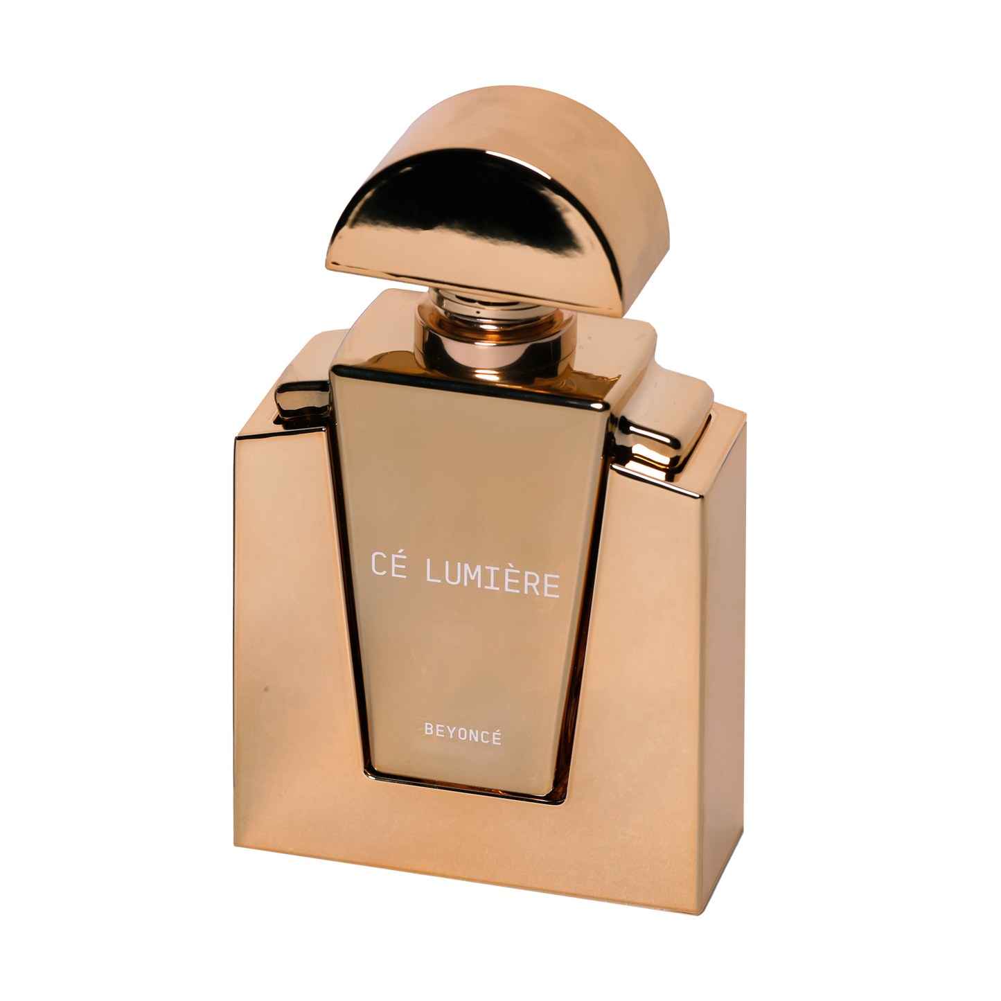 Beyoncé Cé Lumière perfume bottle in gold packaging on black background