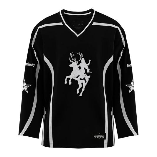 Beyoncé Cowboy Carter black hockey jersey close front view with white riding figure and contrast piping