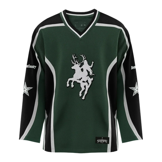 Beyoncé Cowboy Carter green hockey jersey front close view with white horse rider chest graphic