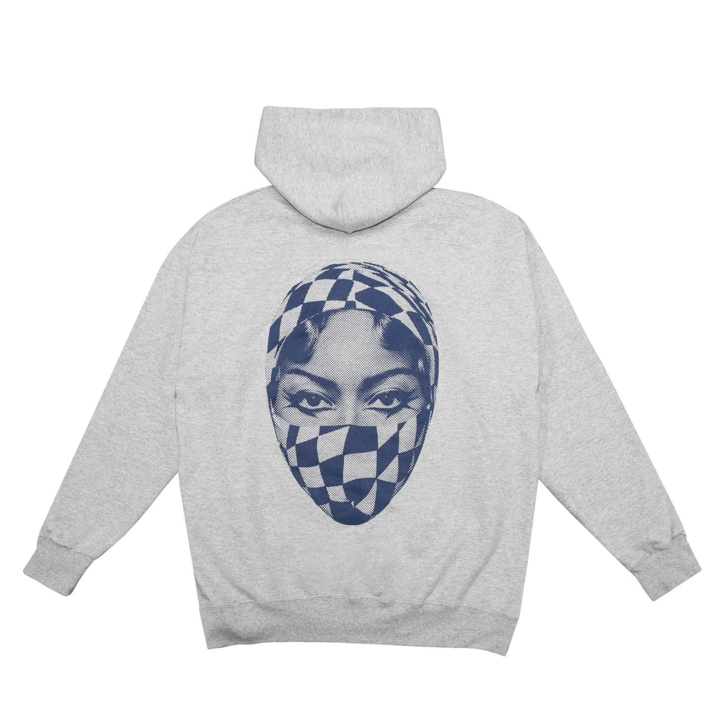 Beyoncé Cowboy Carter grey hoodie back with blue checkered face graphic design