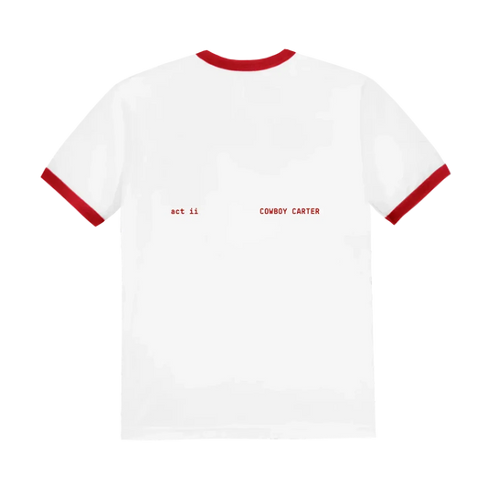 Beyoncé Cowboy Carter red ringer tee back with act ii text and minimal red lettering