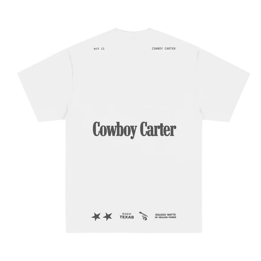 Beyoncé Cowboy Carter white short sleeve tee back with album text and western icon details