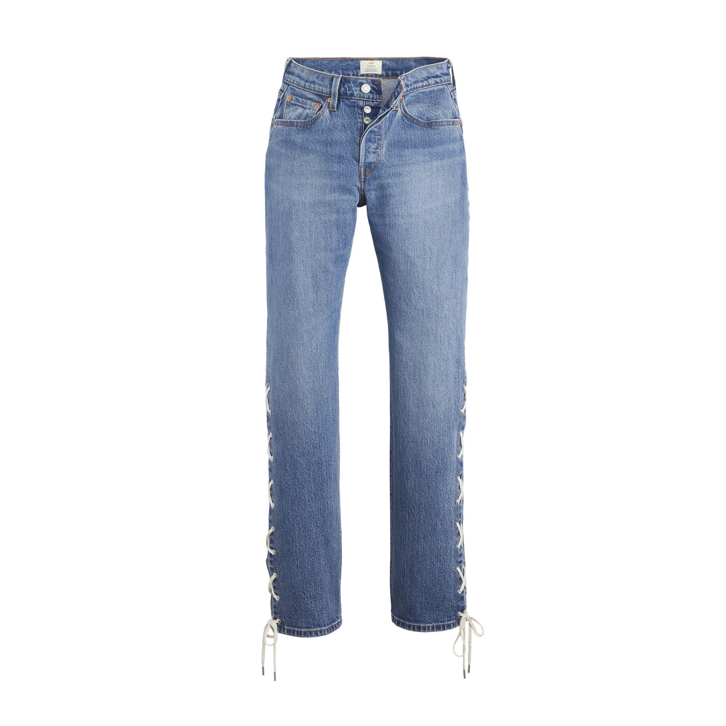 Beyoncé x Levis 501 Curve light blue laced up jeans with side ties, Beyoncé merch front view