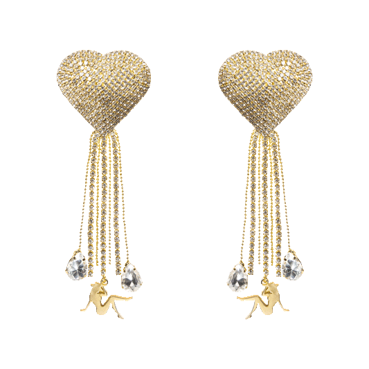Beyoncé Naughty Girl rhinestone heart earrings with gold fringe, crystal drops, and star charms