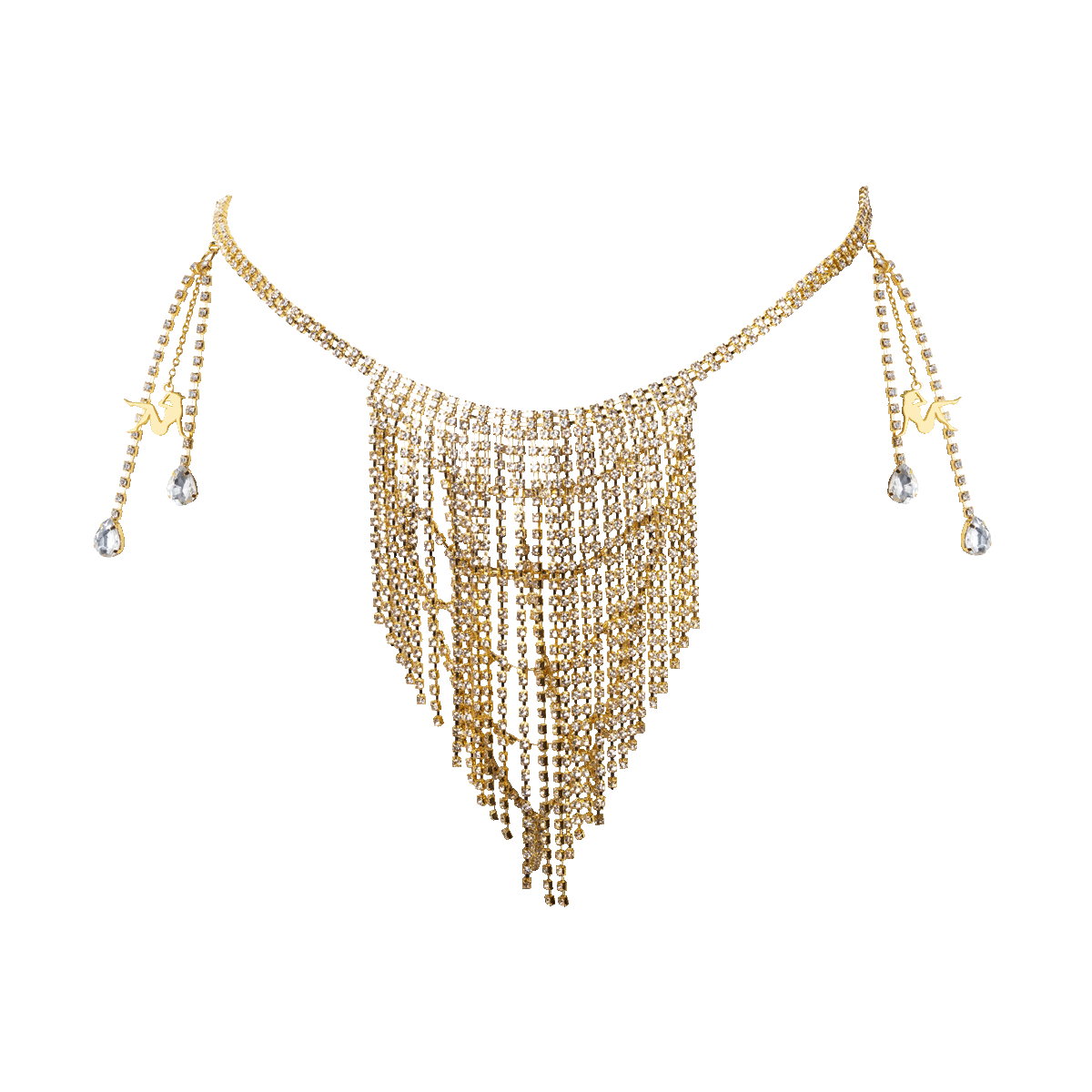 Beyoncé Naughty Girl rhinestone set with heart earrings and crystal fringe body chain on black background