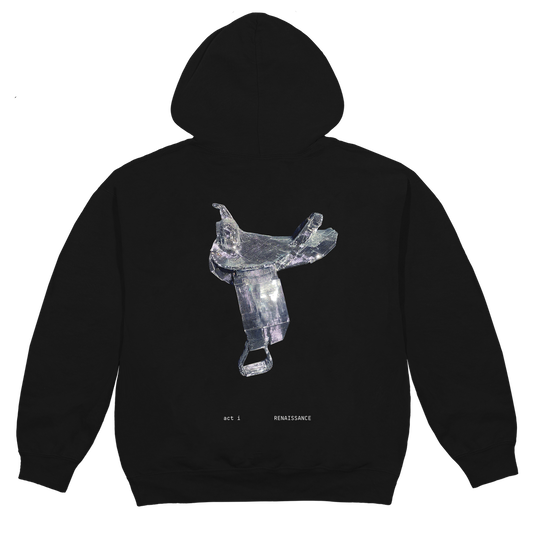Black Beyoncé merch Renaissance hoodie back view with silver disco saddle Renaissance graphic