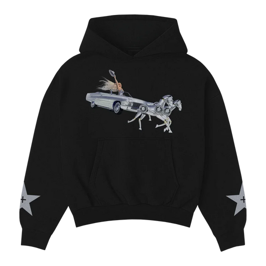 Beyoncé Silver Sleigh hoodie front alt view with black pullover design and silver sleigh artwork