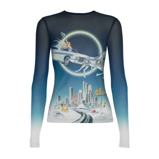 Beyoncé Silver Sleigh mesh long sleeve front alt view with blue ombre sleeves and winter skyline graphic
