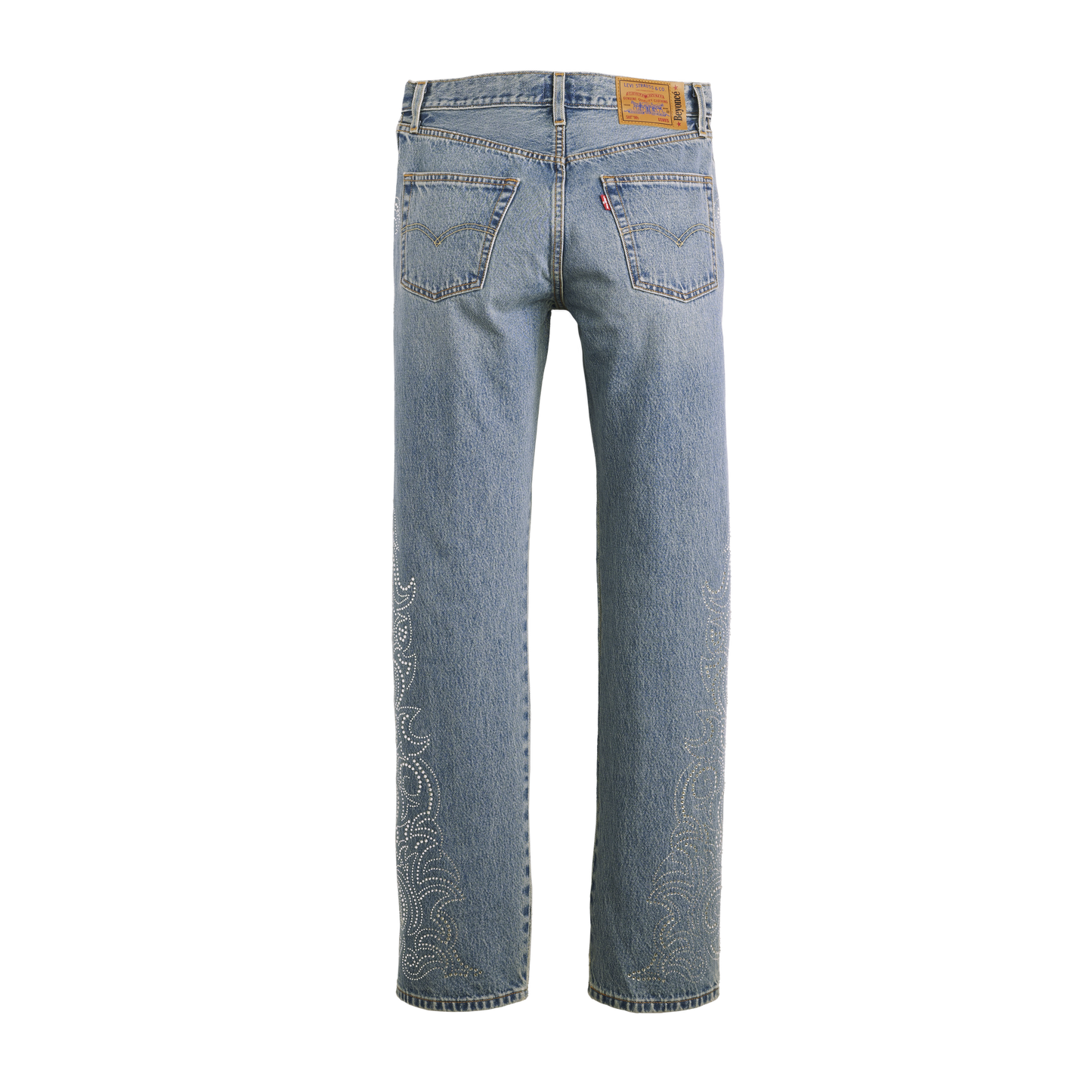 Beyoncé x Levi’s 501 Curve Western Crystal jeans back in vintage light wash denim with sparkling rhinestone western accents and classic fit