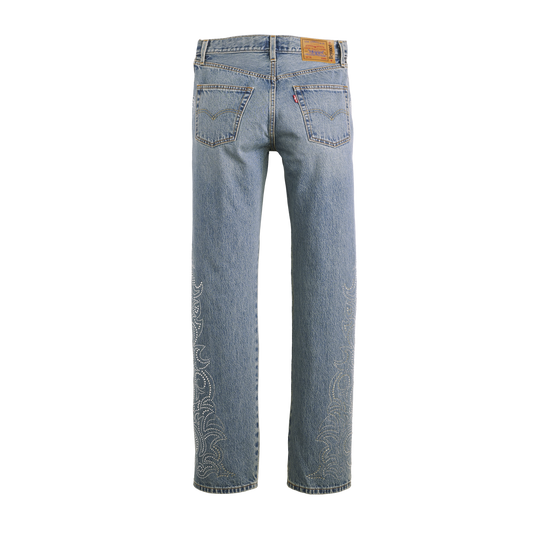 Beyoncé x Levi’s 501 Curve Western Crystal jeans back in vintage light wash denim with sparkling rhinestone western accents and classic fit