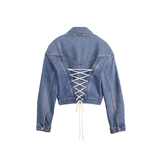 Beyoncé x Levi’s laced up trucker jacket back featuring corset lace detail on vintage light wash denim cropped jacket design