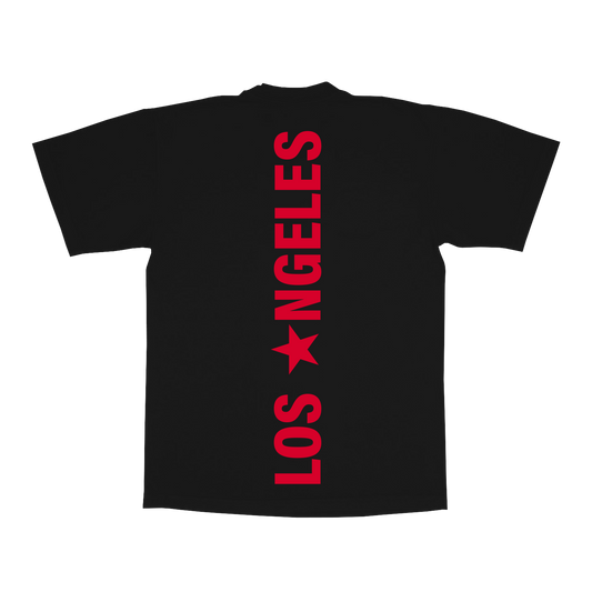 LA WEB EXCLUSIVE black tee back with vertical red Los Angeles star text graphic