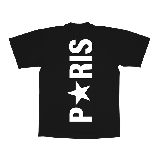 PAR web exclusive black tee back with bold PARIS vertical text graphic inspired by Beyoncé Cowboy Carter Tour 2025 merch collection