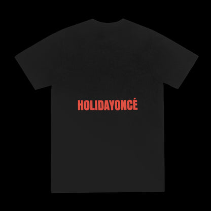 RENEIGH SLEIGH black short sleeve tee back with bold red HOLIDAYONCÉ holiday graphic text