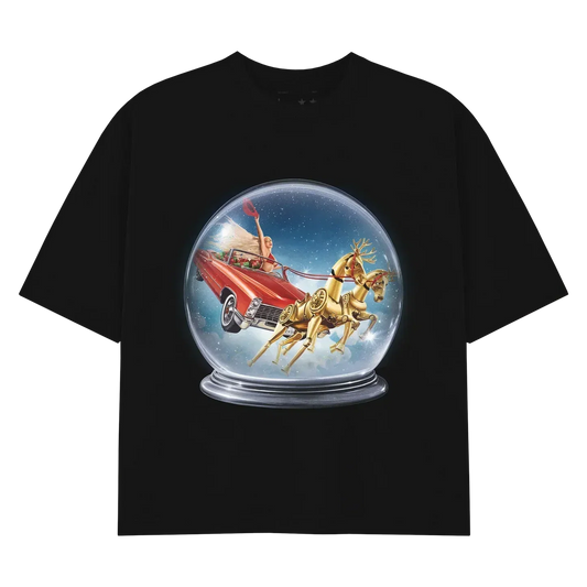 SLEIGHYONCÉ black Christmas tee with festive Beyoncé snow globe artwork and holiday-inspired western fantasy design