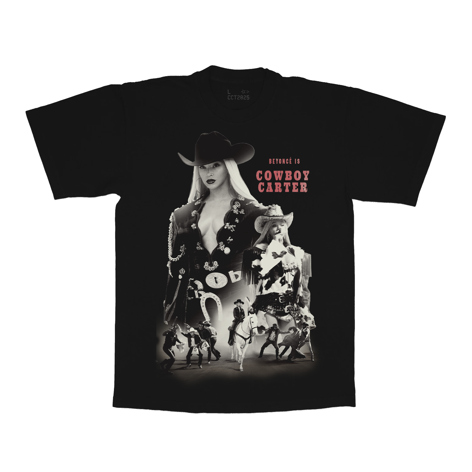 HTX web exclusive black tee front featuring Beyoncé Cowboy Carter collage graphic with western performance imagery and Houston-inspired tour aesthetic