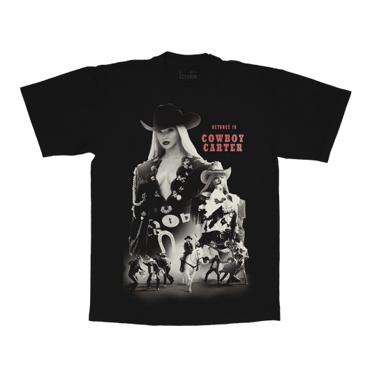 HTX web exclusive black tee front featuring Beyoncé Cowboy Carter collage graphic with western performance imagery and Houston-inspired tour aesthetic