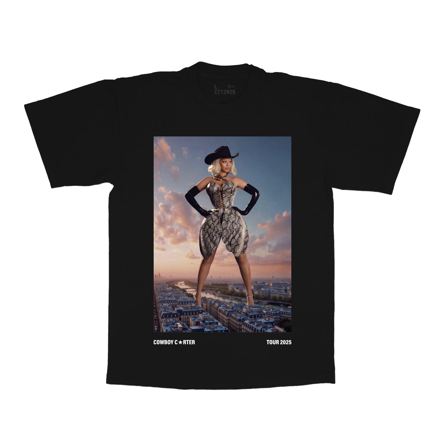 PAR web exclusive black tee front featuring Beyoncé Cowboy Carter tour artwork with Paris-inspired fashion editorial graphic