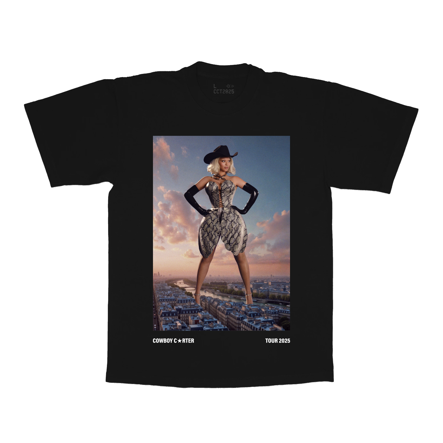 PAR web exclusive black tee front featuring Beyoncé Cowboy Carter tour artwork with Paris-inspired fashion editorial graphic