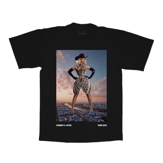 PAR web exclusive black tee front featuring Beyoncé Cowboy Carter tour artwork with Paris-inspired fashion editorial graphic