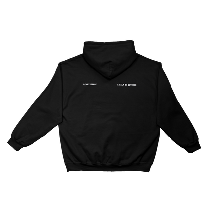Black A Film By B hoodie with small Renaissance text detail, Beyoncé merch back view