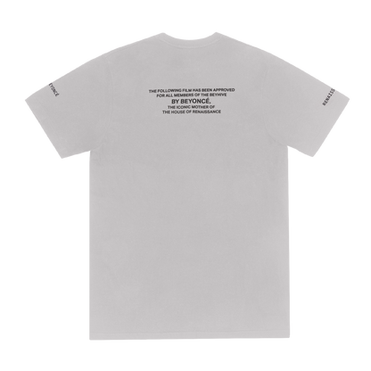 Beyoncé 10’s short sleeve tee back in grey with minimalist approved films text graphic inspired by Renaissance era visuals and tour merch style