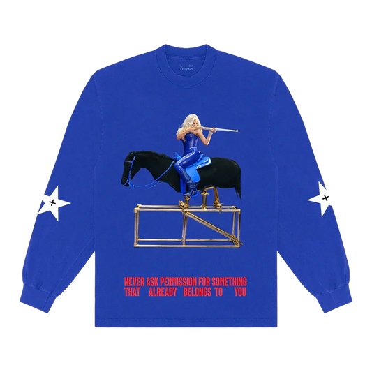Beyoncé American Requiem long sleeve front in royal blue featuring horseback graphic artwork and bold Cowboy Carter western aesthetic