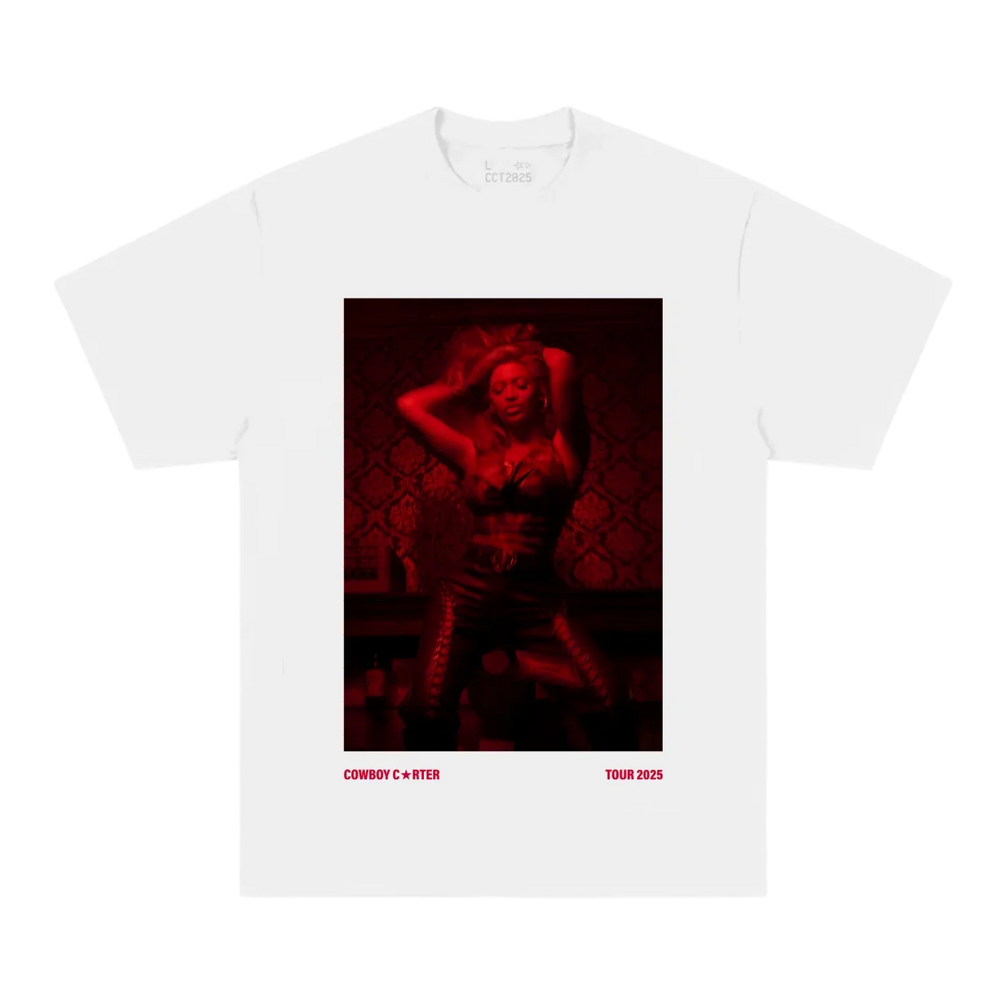 Beyoncé ATL web exclusive tee front in white featuring red monochrome Cowboy Carter tour portrait graphic with bold Atlanta inspired aesthetic