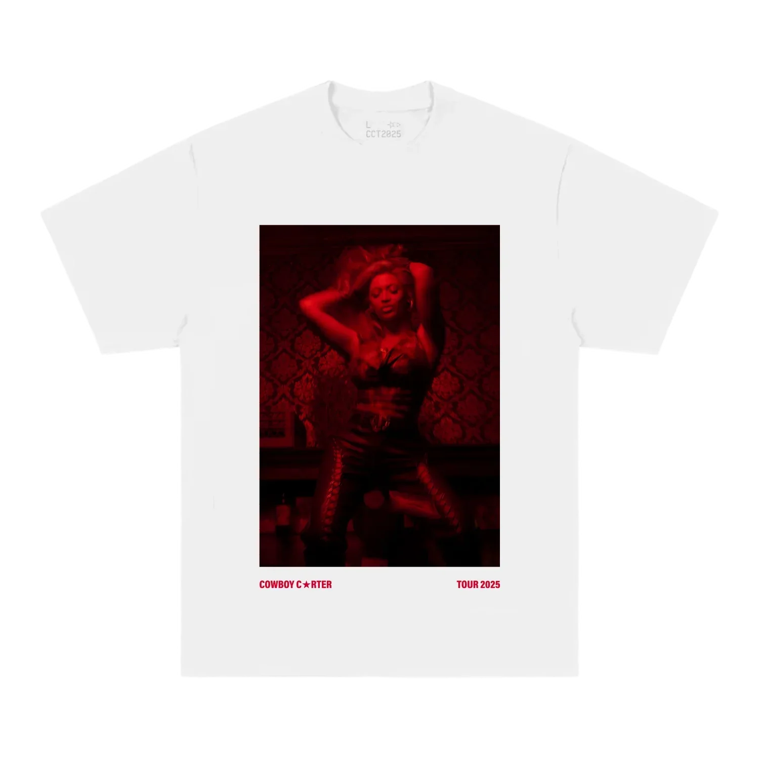 Beyoncé ATL web exclusive tee front in white featuring red monochrome Cowboy Carter tour portrait graphic with bold Atlanta inspired aesthetic