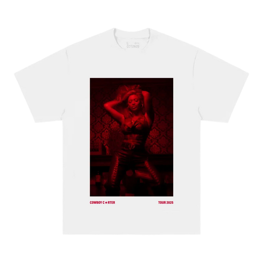 Beyoncé ATL web exclusive tee front in white featuring red monochrome Cowboy Carter tour portrait graphic with bold Atlanta inspired aesthetic