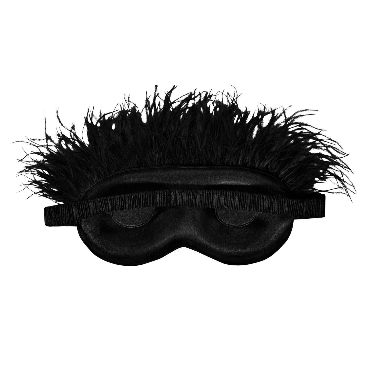 Beyoncé Cater 2 U black feather sleep mask back view featuring luxurious satin finish with dramatic black feather trim and adjustable strap