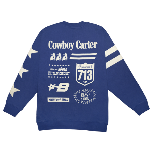 Blue Beyoncé merch fleece crewneck back with Cowboy Carter rodeo graphics, stars, racing stripes, and western logos