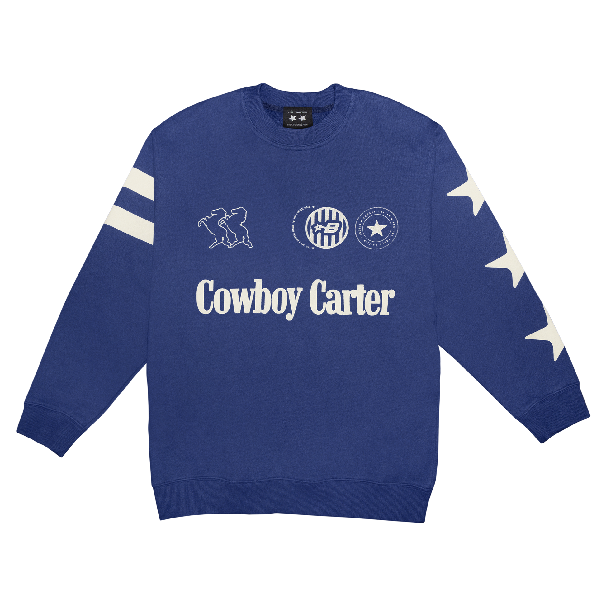Blue Beyoncé official merch crewneck front with Cowboy Carter logo and western-inspired sleeve star graphics