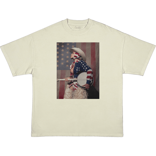 Cream Beyoncé merch t-shirt front featuring Cowboy Carter Americana portrait graphic with banjo and flag styling