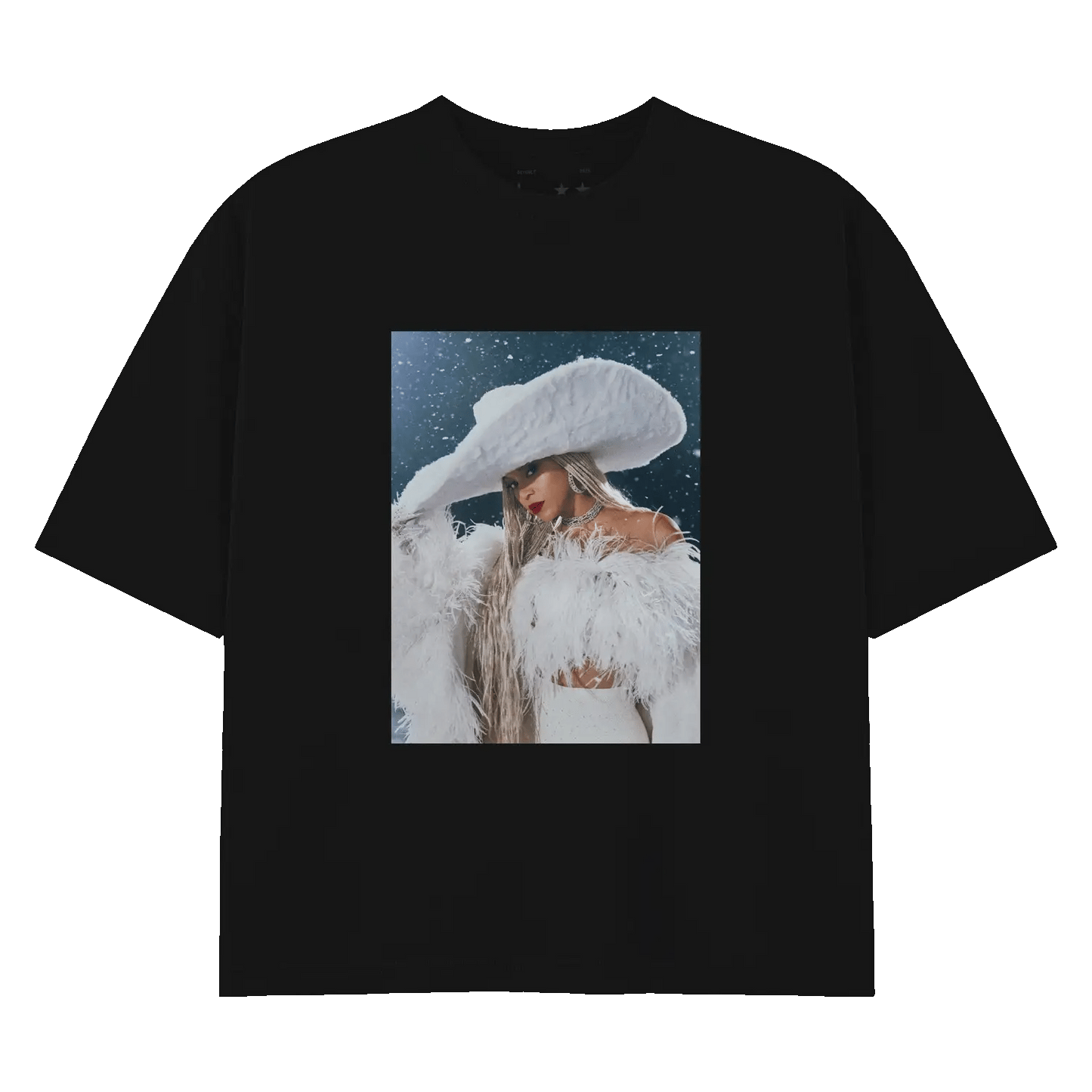 Beyoncé ICY black tee front featuring winter inspired portrait graphic with feather details and Cowboy Carter holiday merch aesthetic