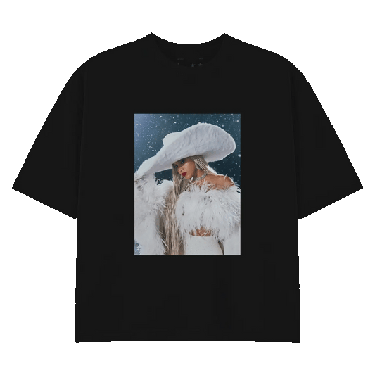 Beyoncé ICY black tee front featuring winter inspired portrait graphic with feather details and Cowboy Carter holiday merch aesthetic
